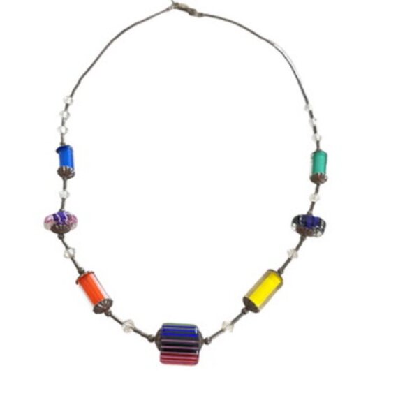 Sterling Silver Beaded Choker Rainbow Art Glass Necklace Modernist Jewelry Artsy - Picture 5 of 13